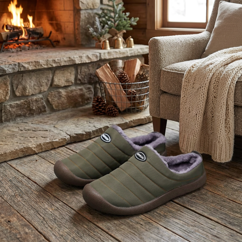 Olive green quilted slippers with plush lining on a rustic floor beside a fireplace 1