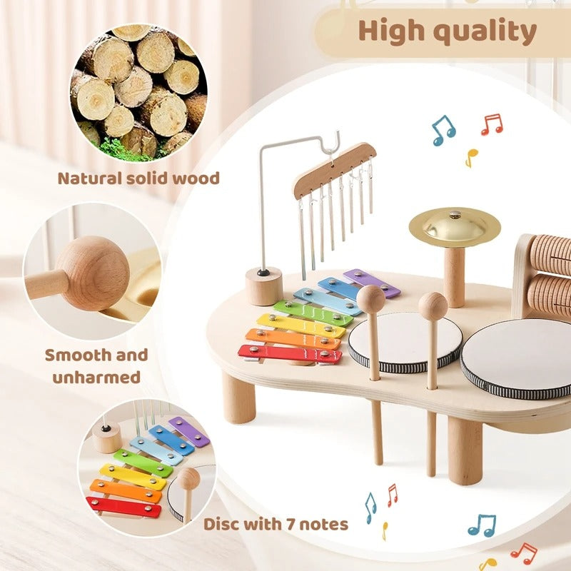 Graphic highlighting natural solid wood, smooth mallet and seven-note xylophone, with the full set shown beside close-up 7