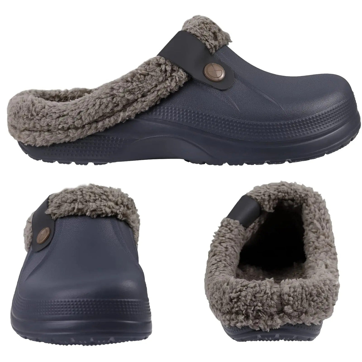Three views of a dark clog showing side profile, toe front and fur-lined heel opening 6