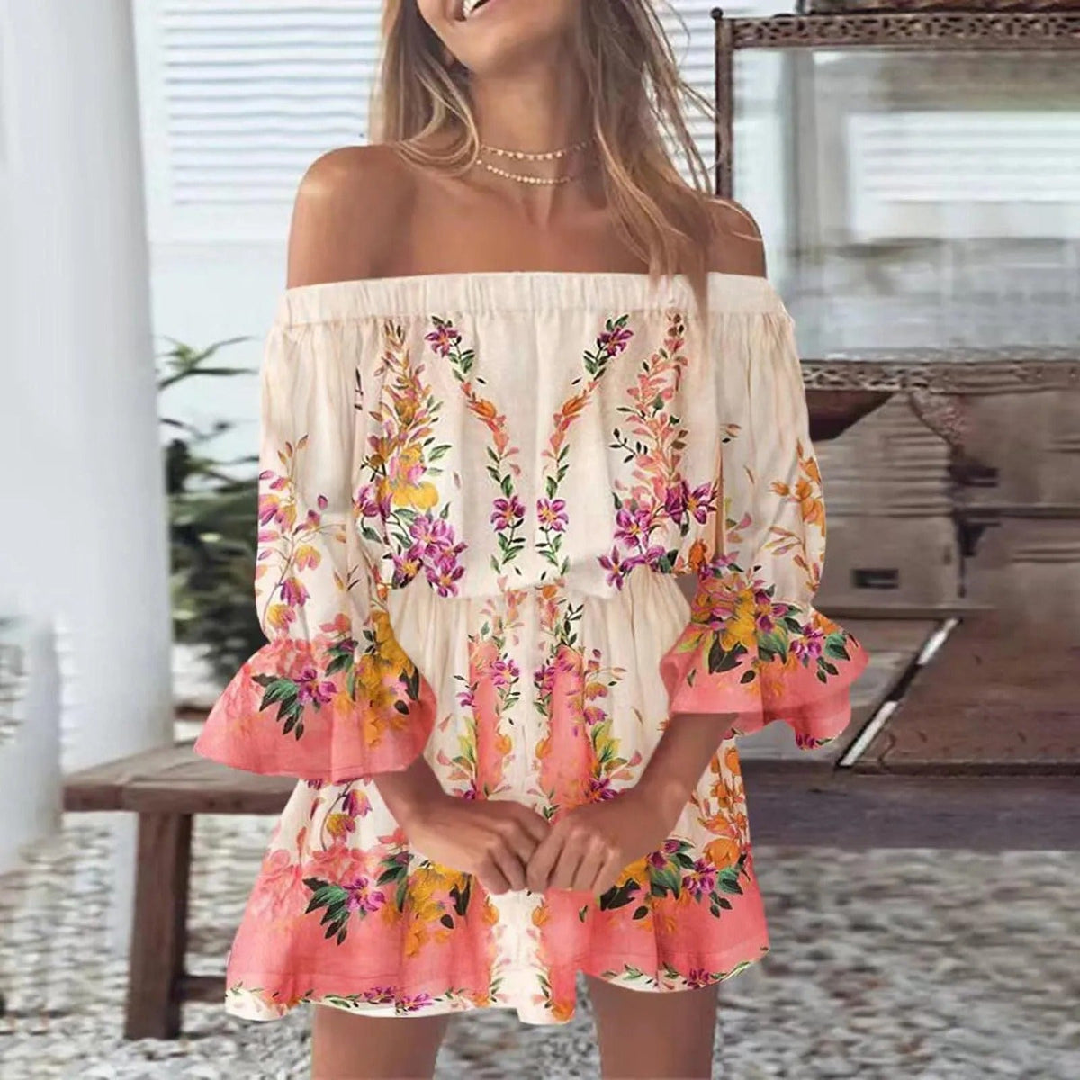 Summer dress with floral pattern and flared sleeves – Mireille
