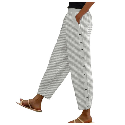 Striped High-Waist Ladies' Trousers with Decorative Buttons – Florence