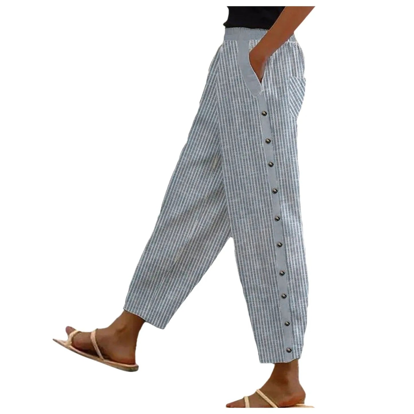 Striped High-Waist Ladies' Trousers with Decorative Buttons – Florence