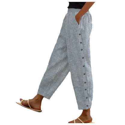 Striped High-Waist Ladies' Trousers with Decorative Buttons – Florence