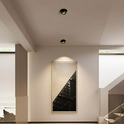 Two black recessed spotlights in a hallway ceiling, one lighting a large framed picture below 3