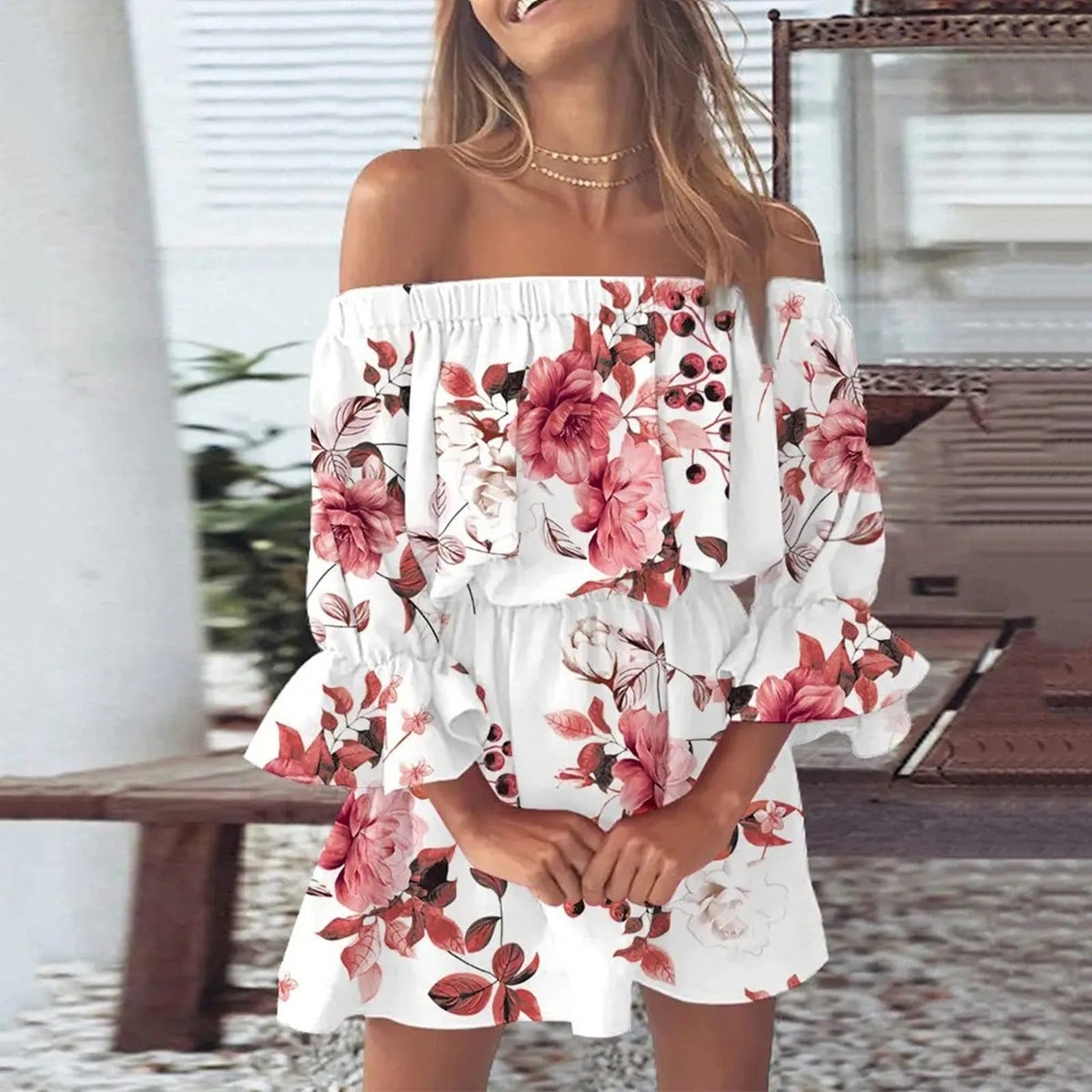 Summer dress with floral pattern and flared sleeves – Mireille