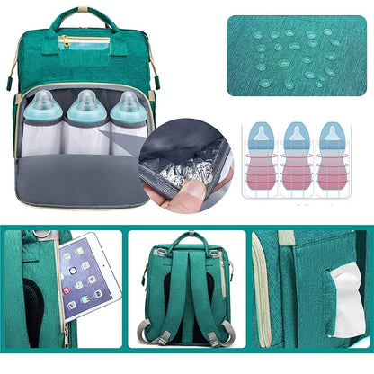 Convertible baby-changing backpack with fold-out baby bed – waterproof, multi-pocket design