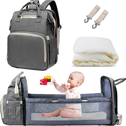 Convertible baby-changing backpack with fold-out baby bed – waterproof, multi-pocket design