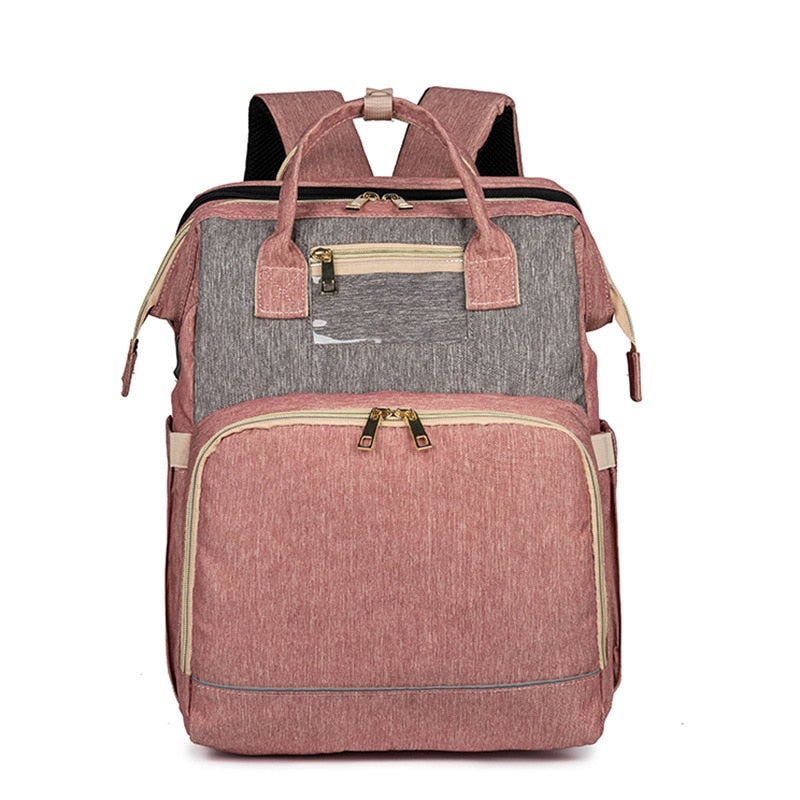 Convertible baby-changing backpack with fold-out baby bed – waterproof, multi-pocket design