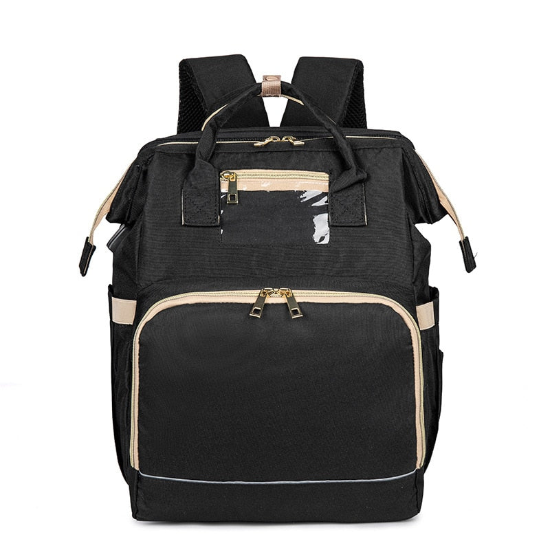 Convertible baby-changing backpack with fold-out baby bed – waterproof, multi-pocket design