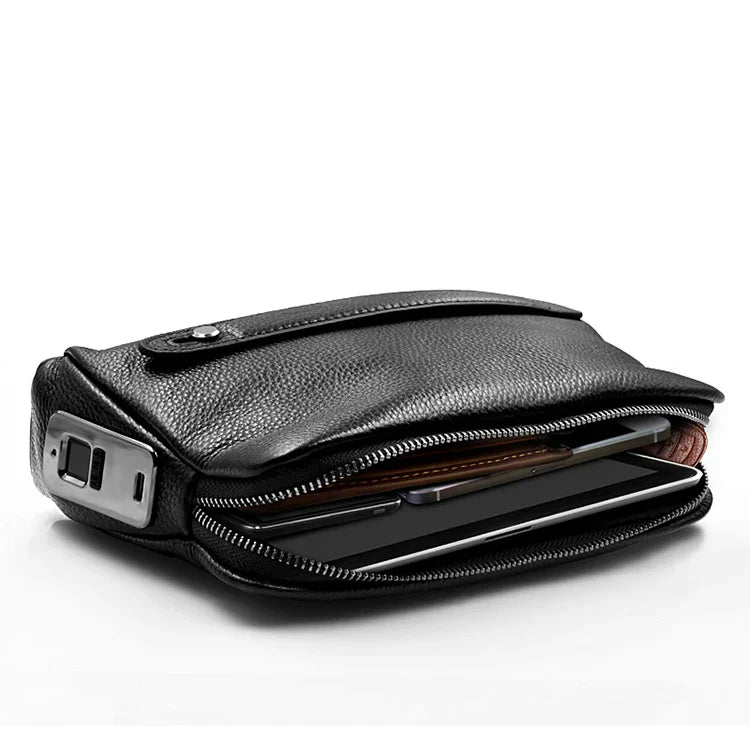 Men's leather anti-theft clutch with fingerprint lock – black-blue