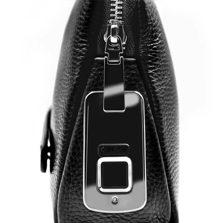 Men's leather anti-theft clutch with fingerprint lock – black-blue