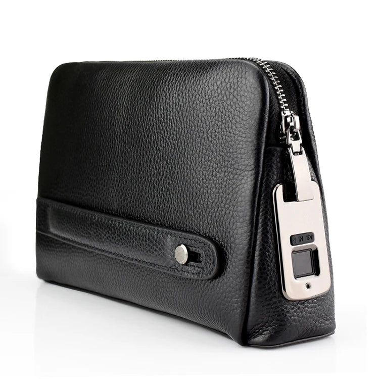 Men's leather anti-theft clutch with fingerprint lock – black-blue