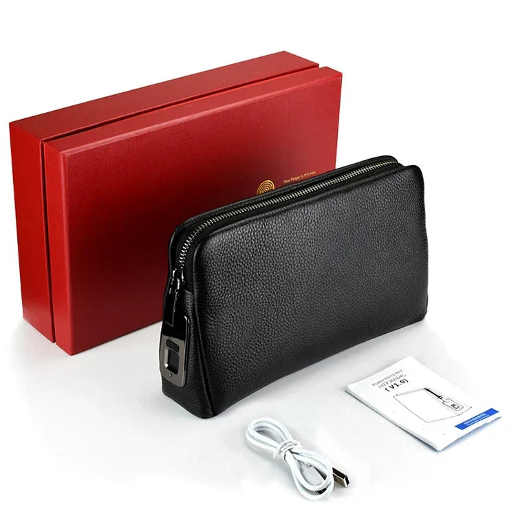 Men's leather anti-theft clutch with fingerprint lock – black-blue