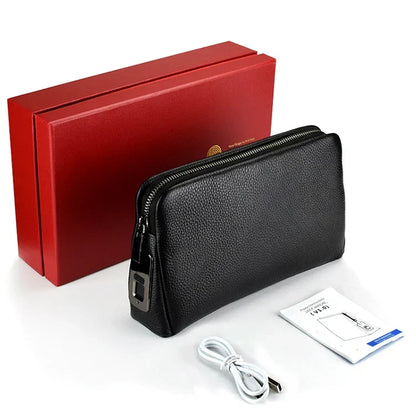 Men's leather anti-theft clutch with fingerprint lock – black-blue