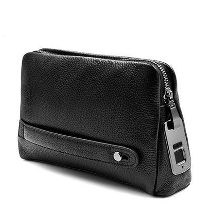 Men's leather anti-theft clutch with fingerprint lock – black-blue