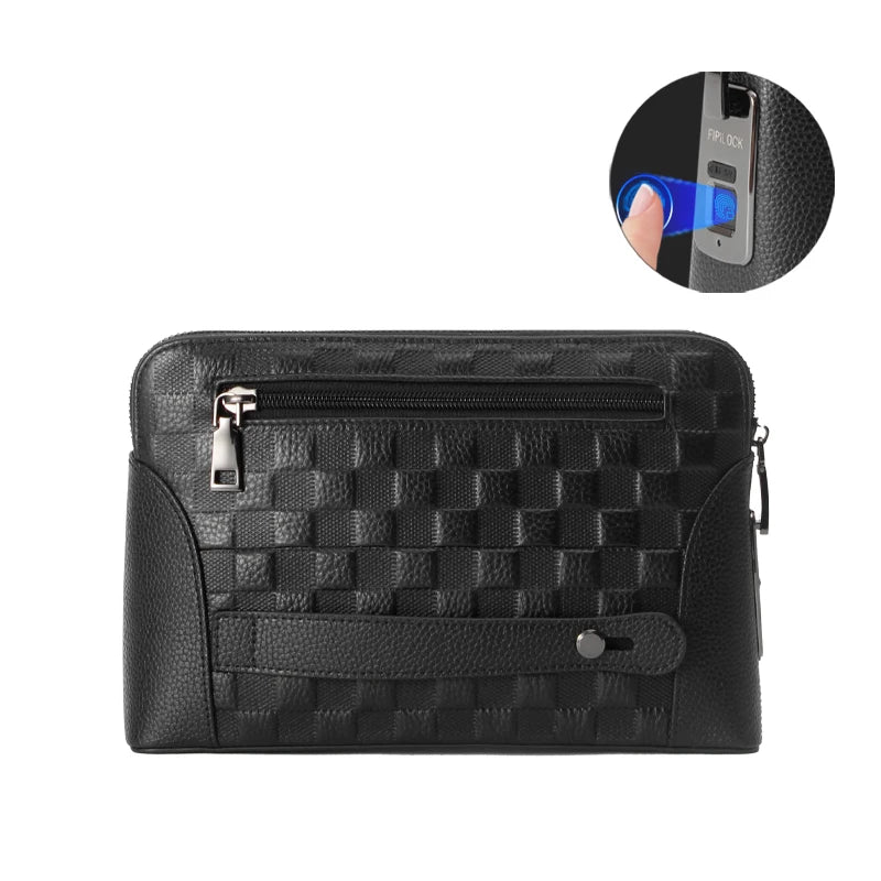 Men's leather handbag with fingerprint lock – anti-theft clutch & wallet
