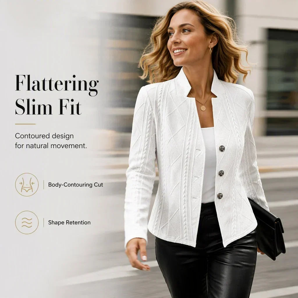 Woman in the white textured blazer and leather-look trousers striding along a street, with feature icons about the slim, contoured fit. 18