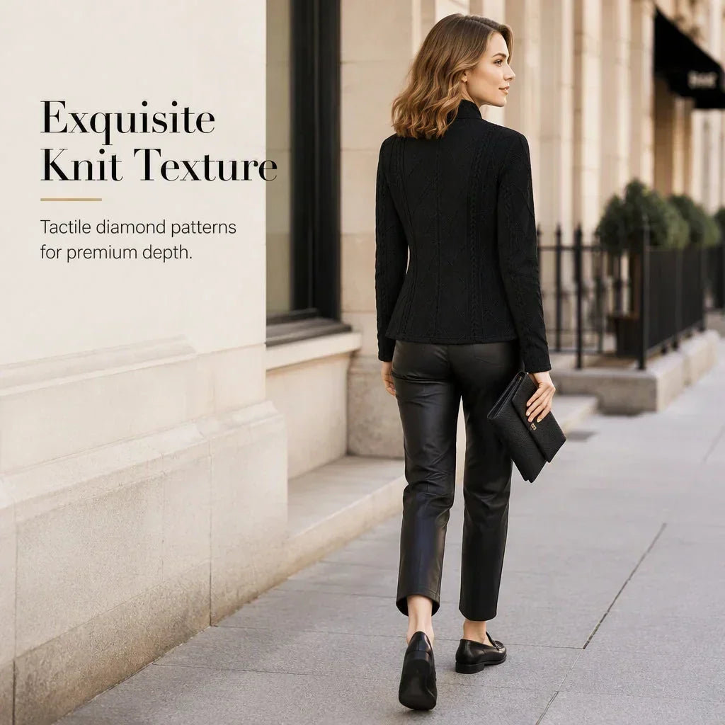 Back view of a woman walking down a street in the black textured blazer, leather-look trousers and loafers, highlighting the knit texture. 20