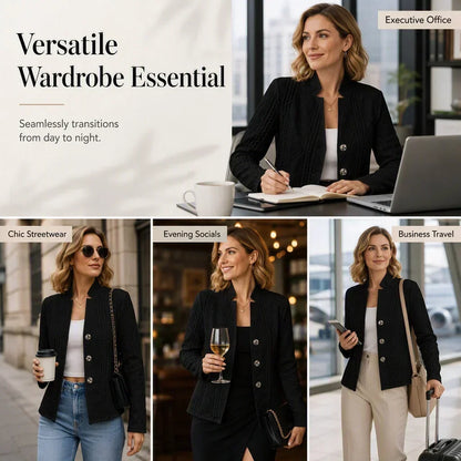 Collage of a woman wearing the black textured blazer in four settings: office desk, street with jeans, evening drinks and travelling. 21