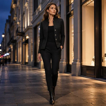 Woman walking along an evening shopping street in the black textured blazer with black top, trousers and ankle boots. 3