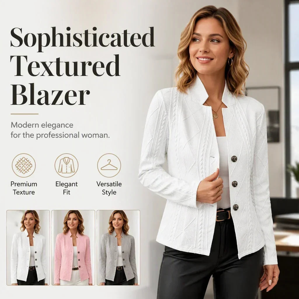 Promotional image of a woman in the white textured blazer with icons for texture, fit and style, plus white, pink and grey versions. 17