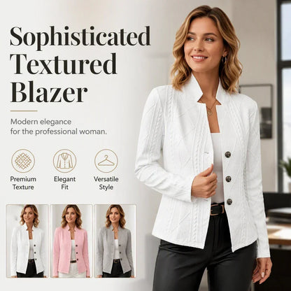 Promotional image of a woman in the white textured blazer with icons for texture, fit and style, plus white, pink and grey versions. 17