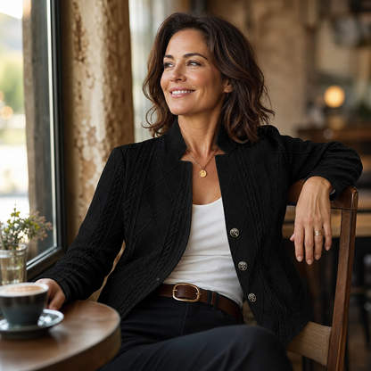 Smiling woman seated in a café in the black textured blazer over a white top, with a belt and cup of coffee. 14