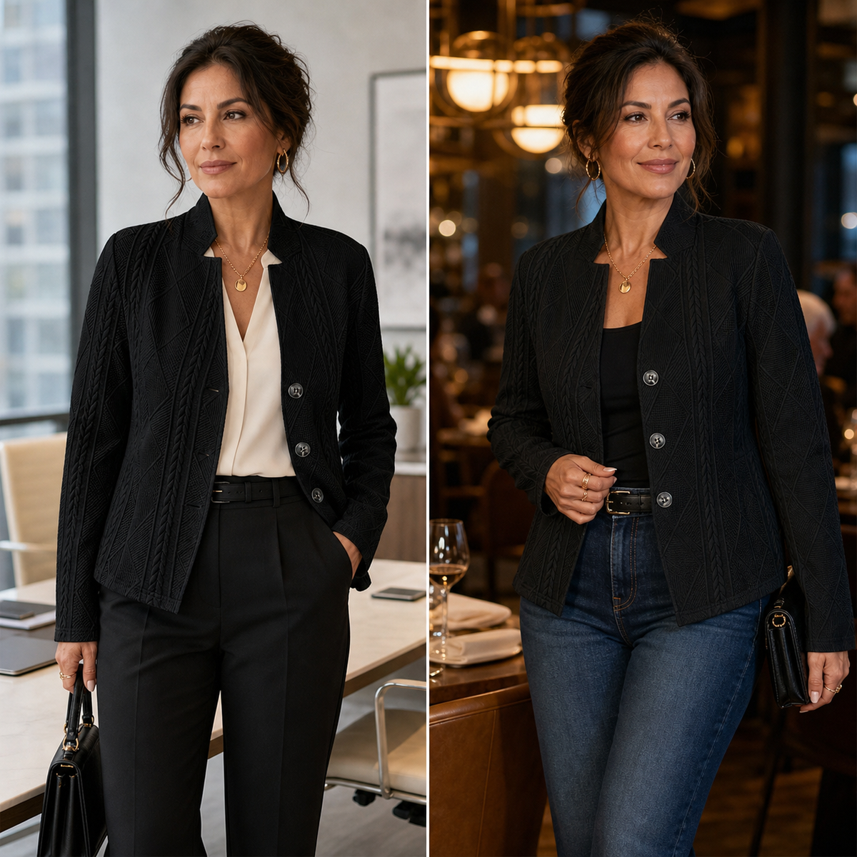 Two side-by-side looks of the black textured blazer: with cream blouse and trousers in an office, and with black top and jeans at dinner. 16