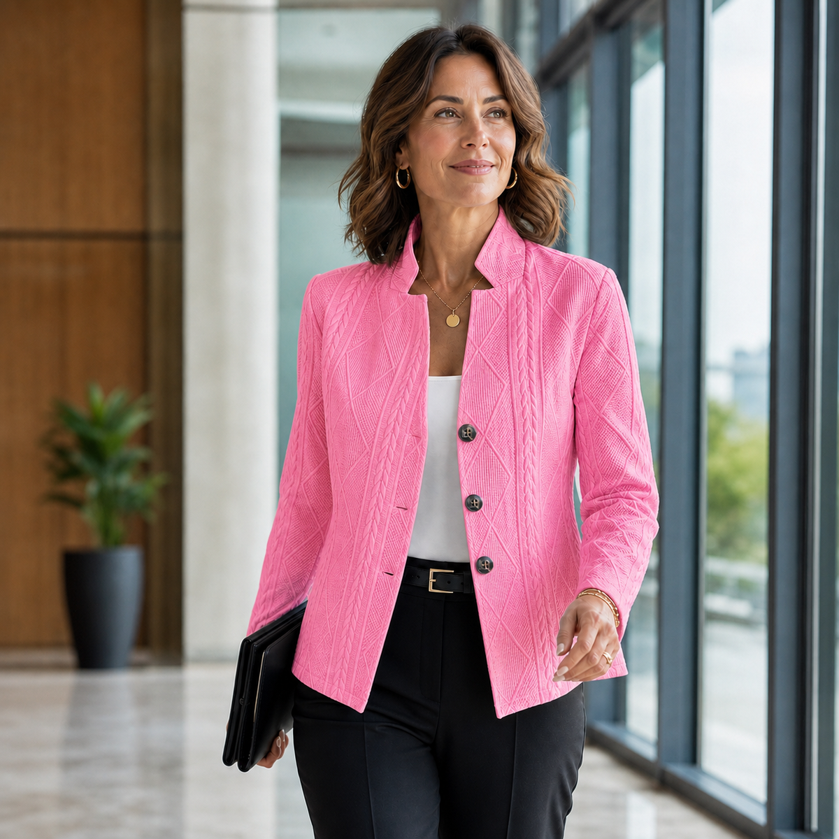 Woman in the bright pink textured blazer walking through an office corridor with a white top, black trousers and black folder. 8