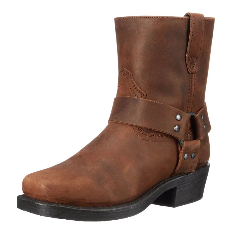 Single brown leather ankle boot at a three-quarter angle, with a riveted harness strap, pull tab and low block heel. 1