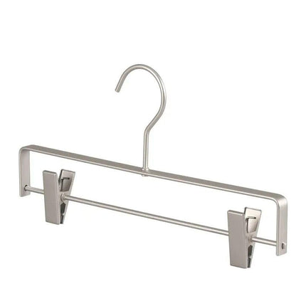 Single matt silver-grey metal trousers hanger with two clips, shown against a plain white background 2