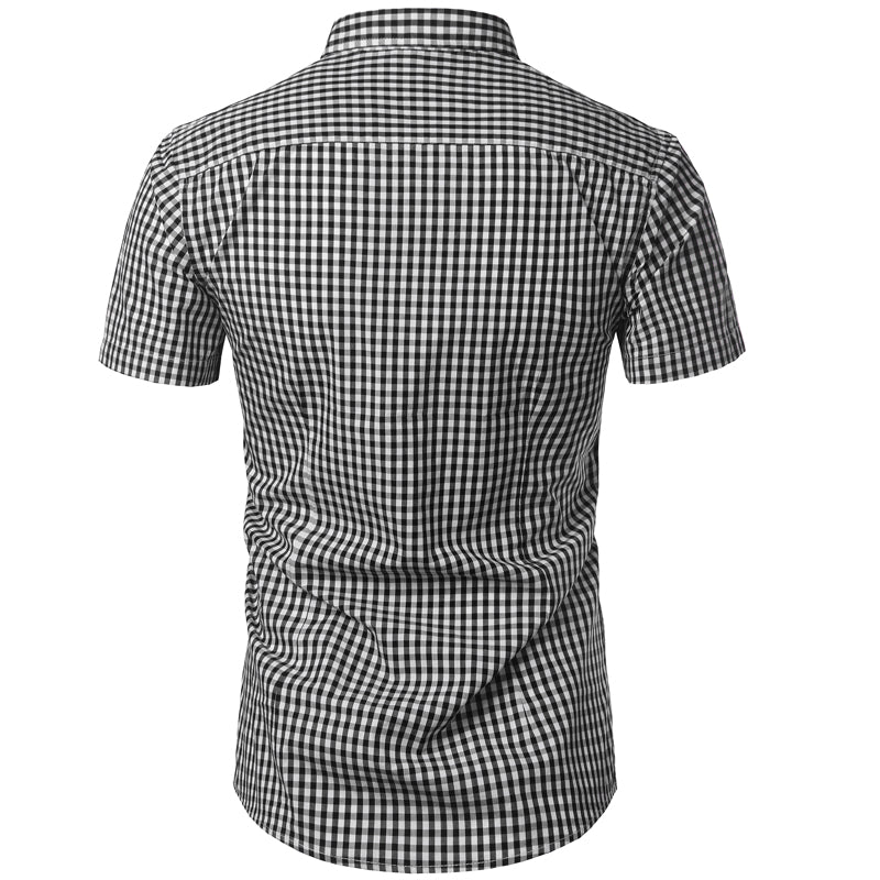 Back view of the black and white gingham shirt, showing the shoulder yoke and curved hem. 8