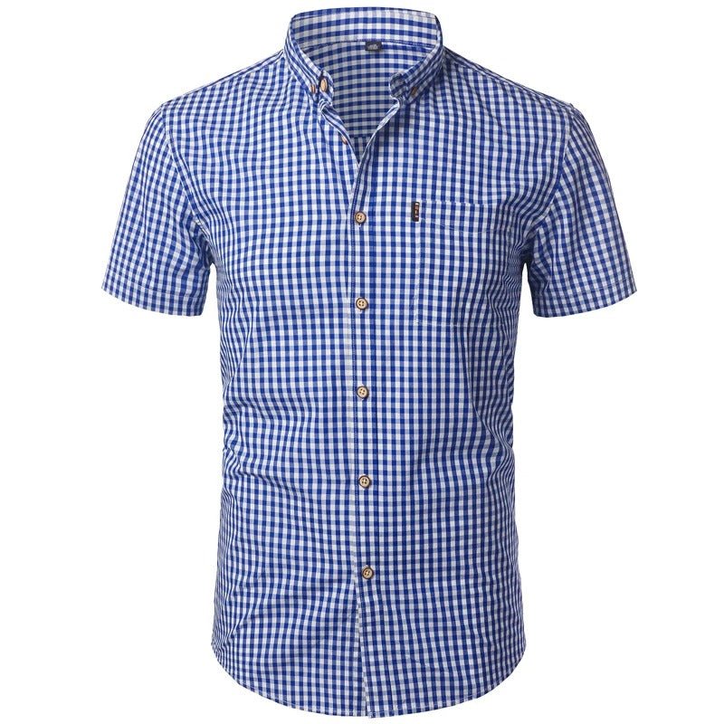 Front view of a royal blue and white gingham short-sleeved shirt with button-down collar and chest pocket. 4