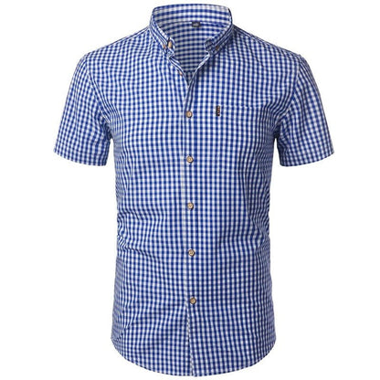 Front view of a royal blue and white gingham short-sleeved shirt with button-down collar and chest pocket. 4
