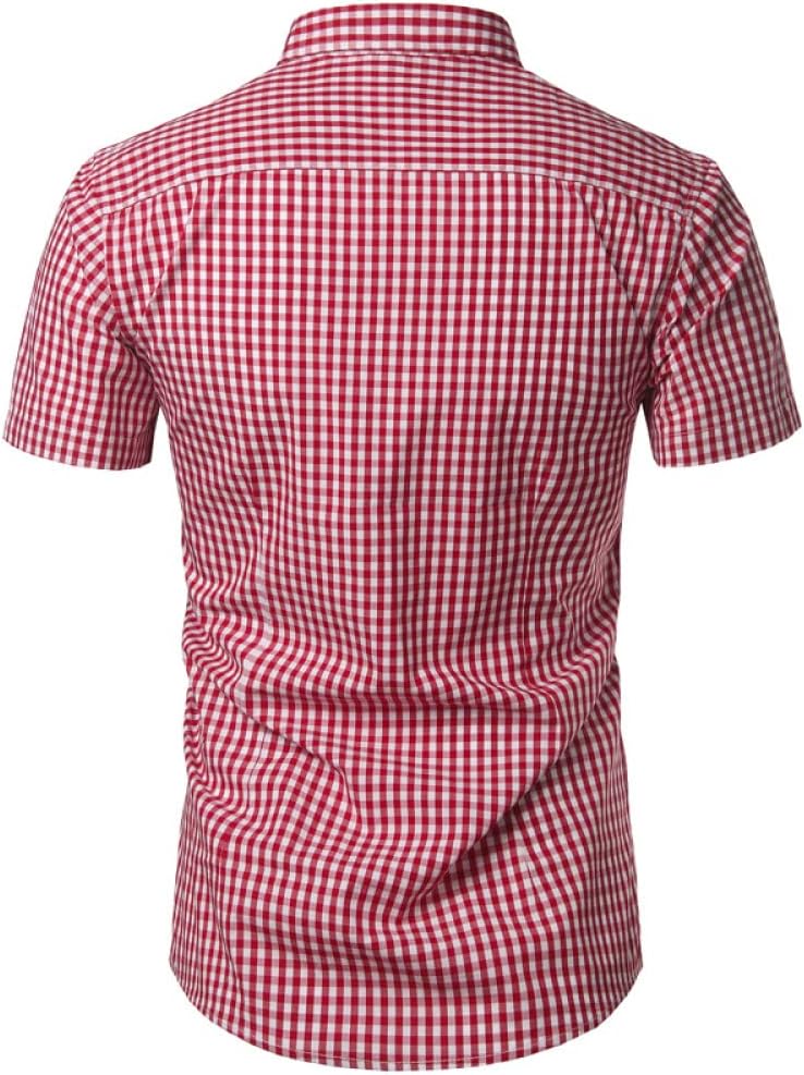 Back view of the red and white gingham shirt, showing the shoulder yoke seam and rounded hem. 12