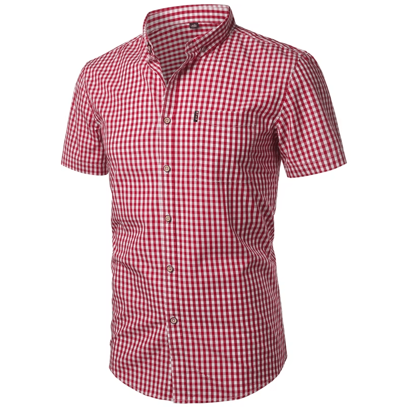 Angled front view of the red and white gingham shirt, showing the buttons, pocket and short sleeves. 11