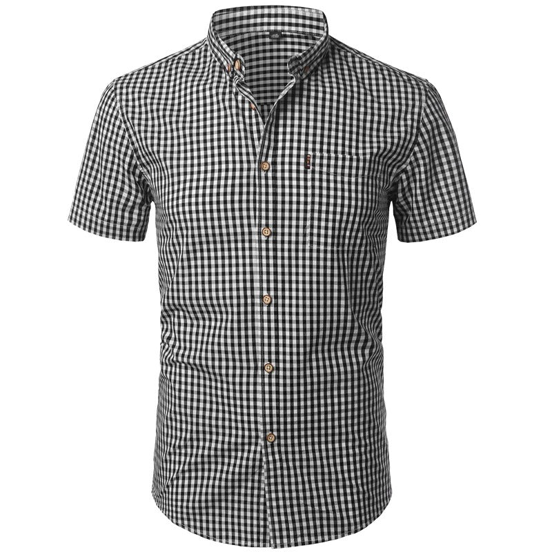 Flat front view of the black and white gingham shirt, with collar buttoned down and a chest pocket. 15