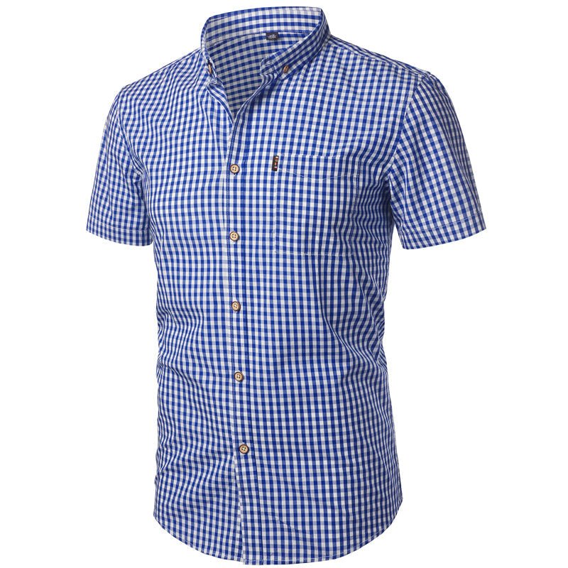 Angled front view of the royal blue gingham shirt, showing the buttoned placket, pocket and short sleeves. 5