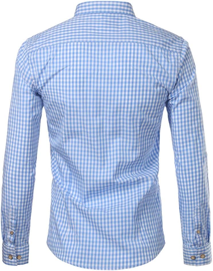 Back view of a light blue gingham shirt with long sleeves, buttoned cuffs and a shoulder yoke seam. 3