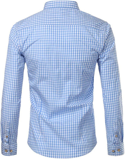 Back view of a light blue gingham shirt with long sleeves, buttoned cuffs and a shoulder yoke seam. 3