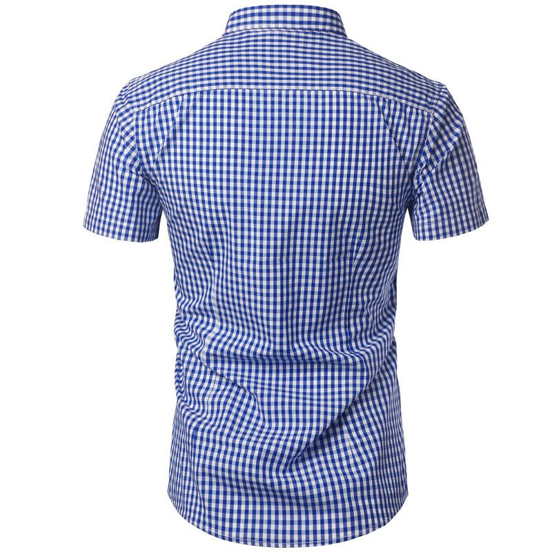 Back view of the royal blue gingham shirt, showing the shoulder yoke seam and curved hem. 6