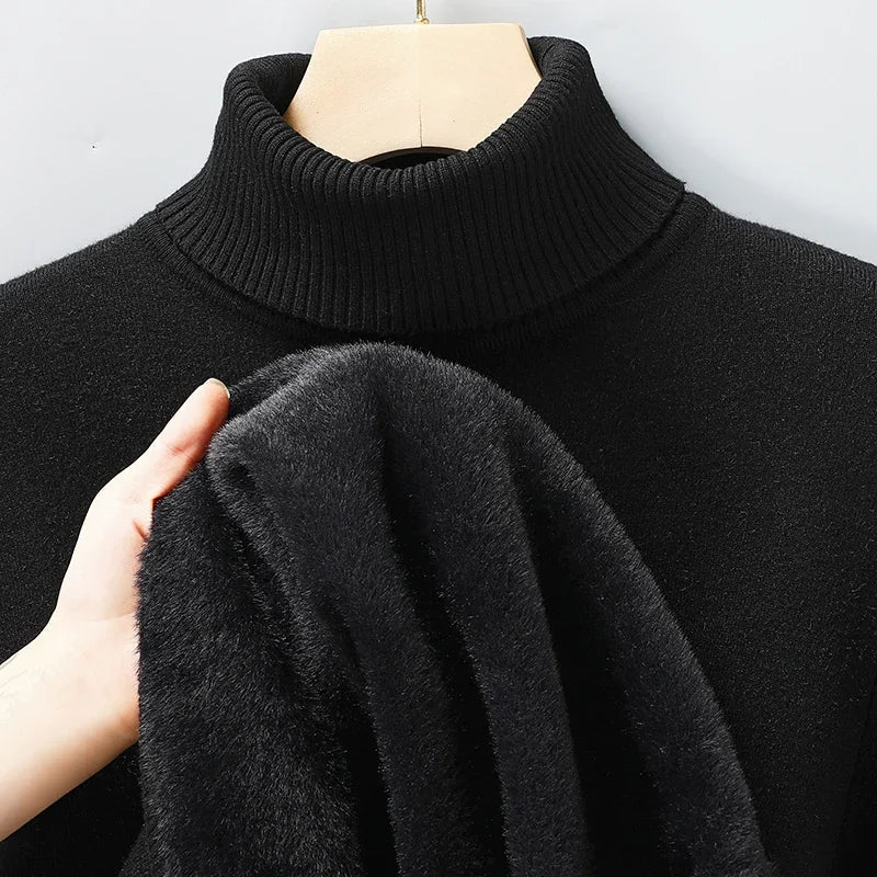 Black turtleneck jumper on a hanger, with a hand holding out the soft fuzzy lining 8