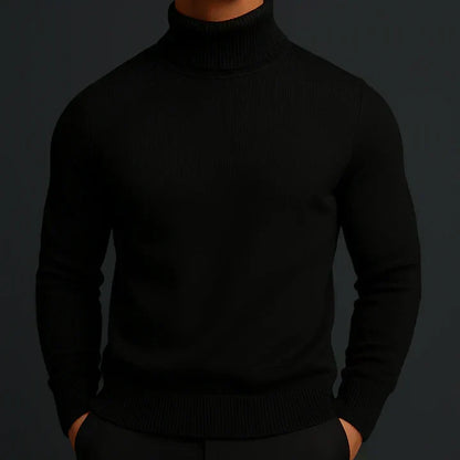 Model wearing a black turtleneck jumper with ribbed cuffs and hem, front view 4