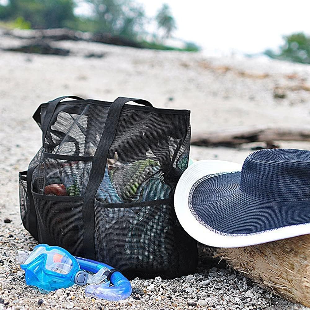 Foldable mesh beach bag with 9 compartments for family days out.