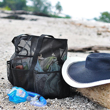 Foldable mesh beach bag with 9 compartments for family days out.
