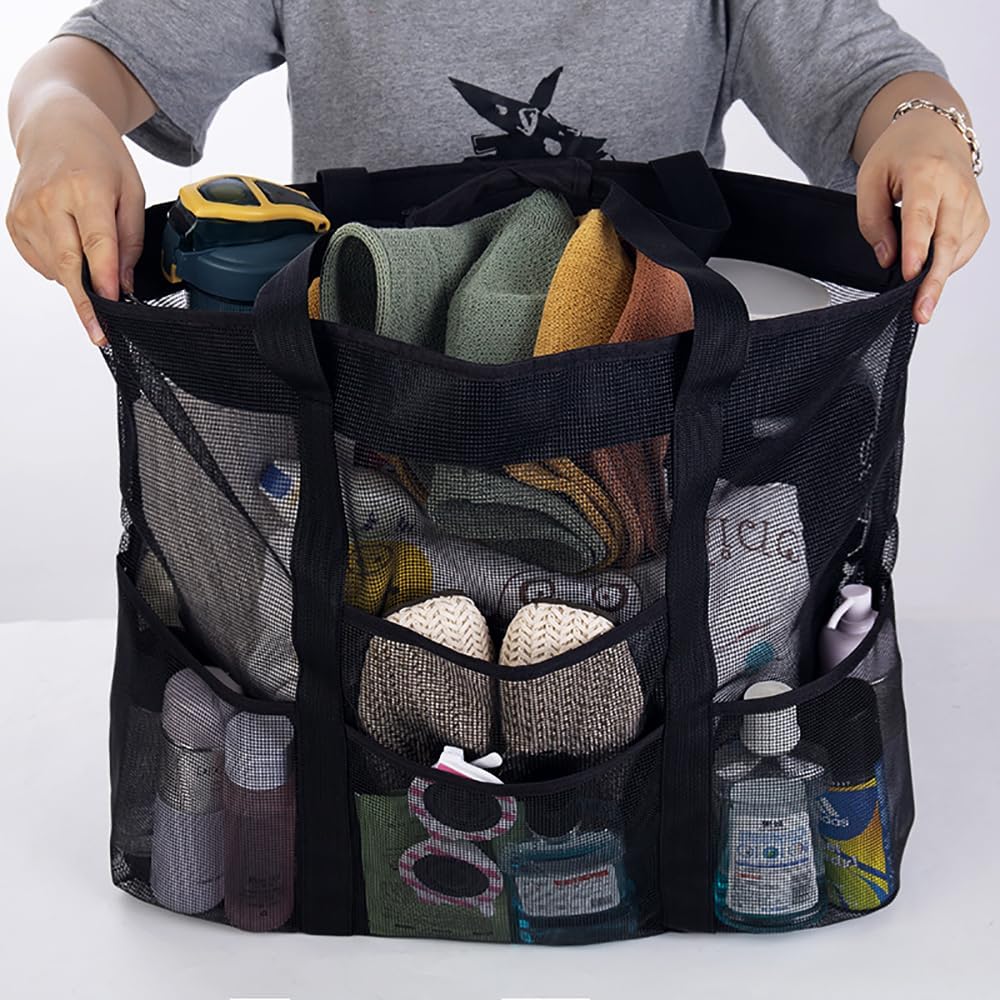 Foldable mesh beach bag with 9 compartments for family days out.
