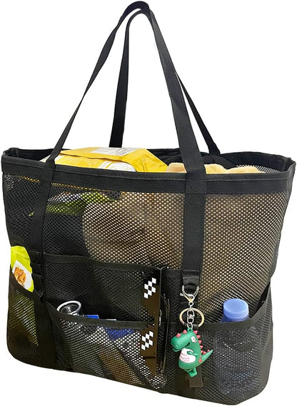 Foldable mesh beach bag with 9 compartments for family days out.