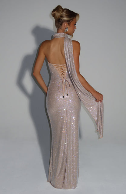 Back view with the scarf draped over one shoulder, showing the lace-up corset back and sparkling champagne skirt. 19