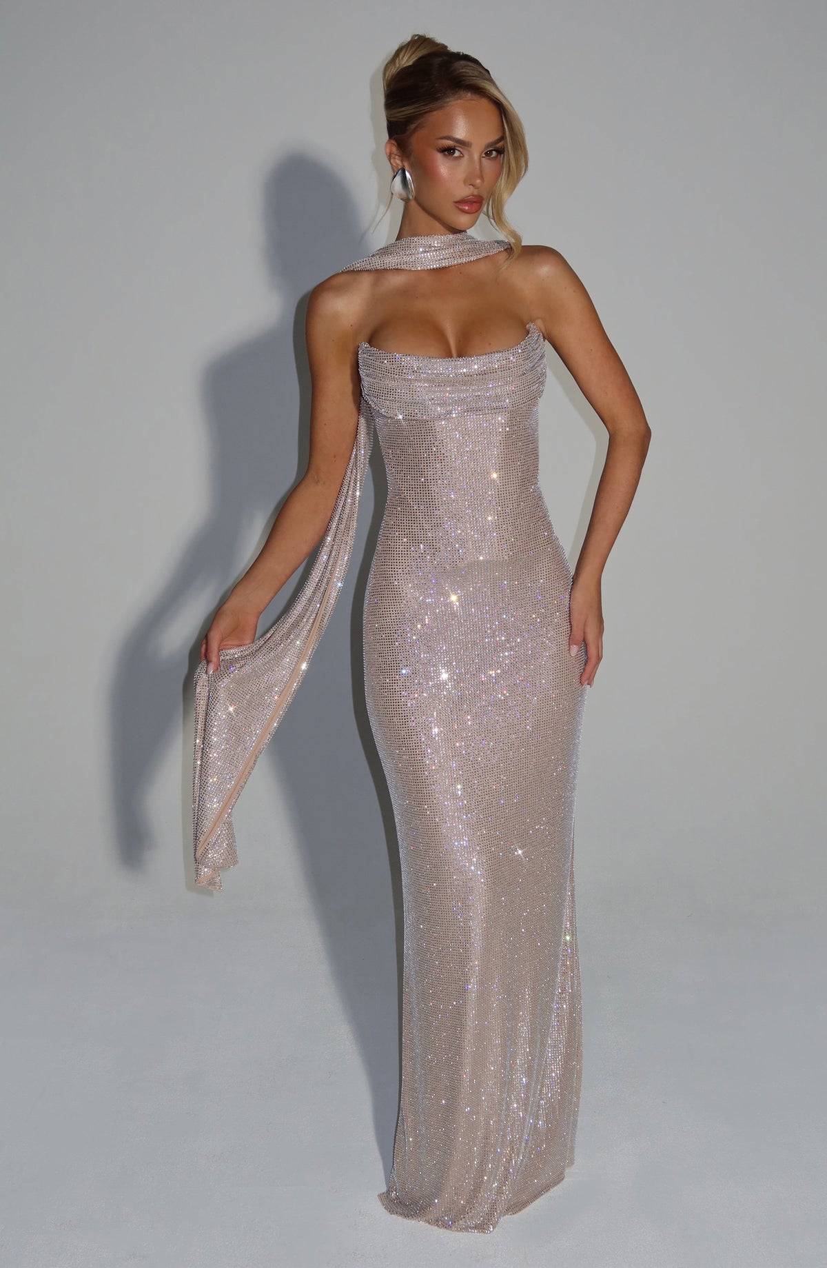 Champagne rhinestone maxi dress styled with a matching sparkly scarf draped around the neck and over one arm. 17