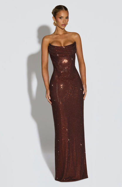 Full-length front view of the brown strapless rhinestone gown against a plain light backdrop. 14